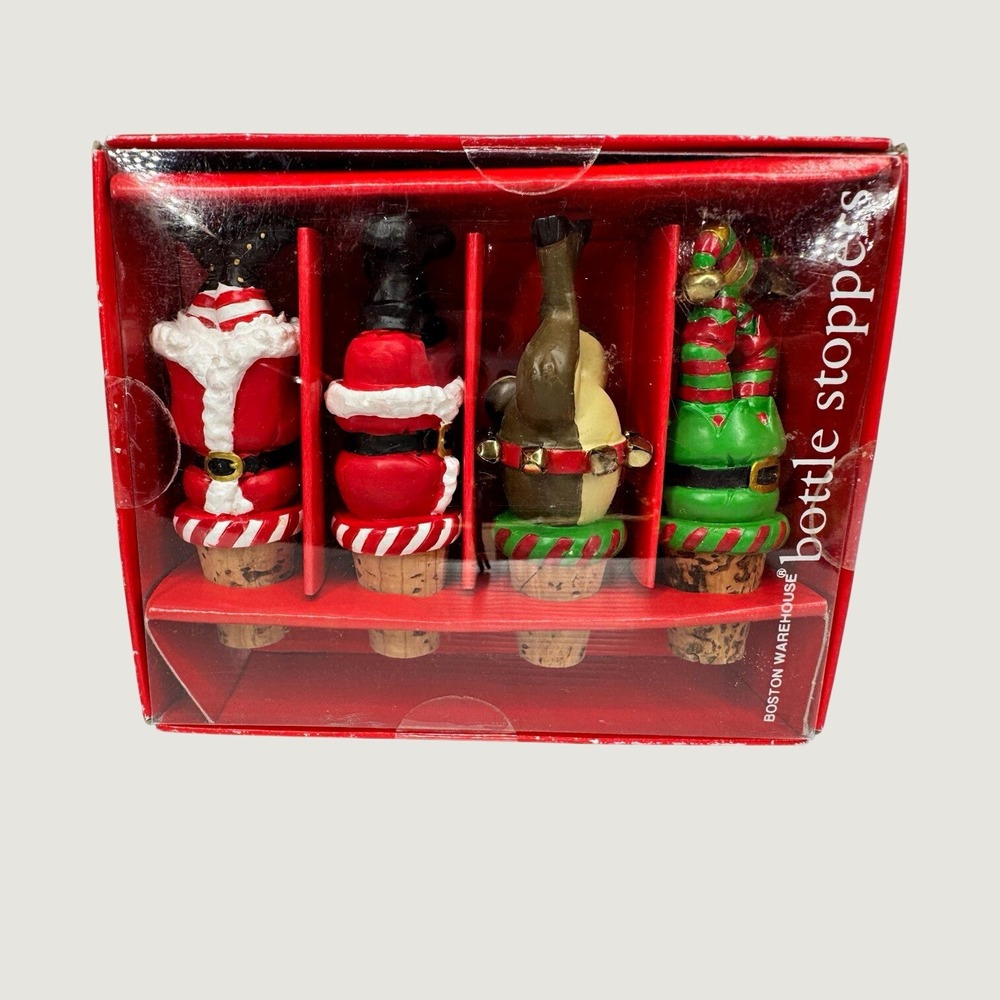 Vintage Boston Warehouse Night B4 Christmas Cork Wine Bottle Stopper Set Santa